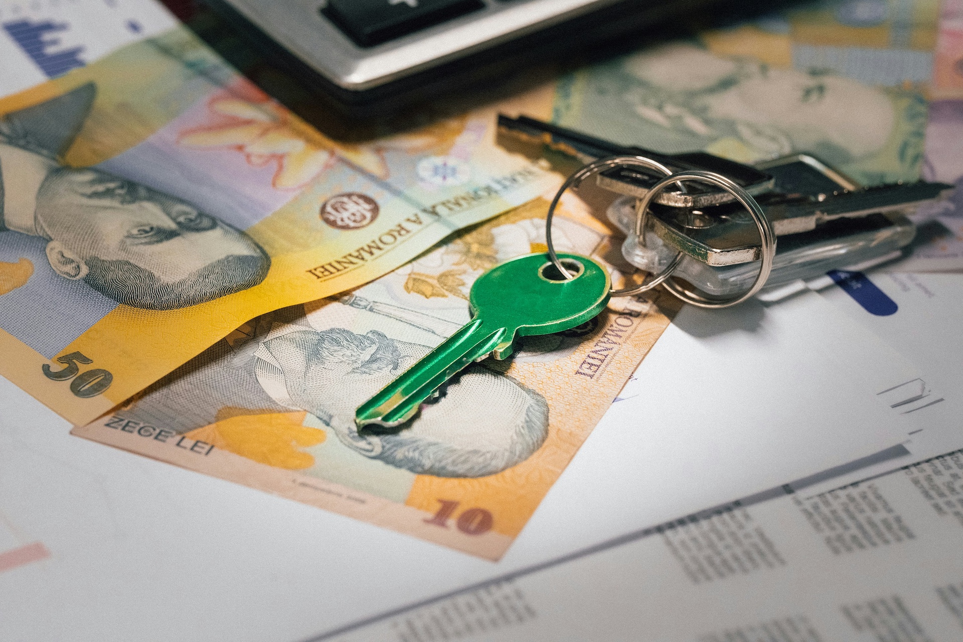 Close-up of Romanian currency notes and a set of house keys on a desk.