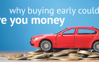 Wide version of a red toy car on coins with text 'why buying early could save you money' on a clean blue backdrop.