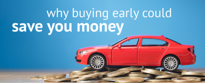Wide version of a red toy car on coins with text 'why buying early could save you money' on a clean blue backdrop.