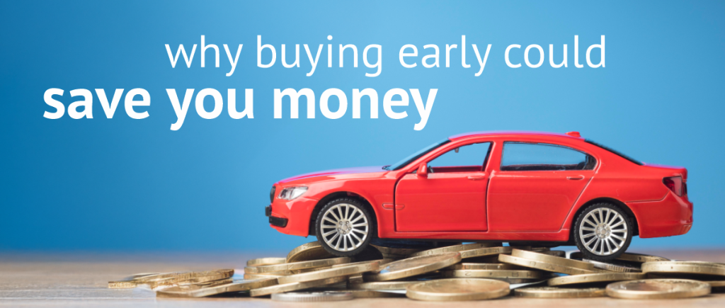 Wide version of a red toy car on coins with text 'why buying early could save you money' on a clean blue backdrop.