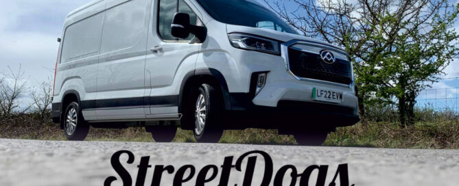 A image for street dogs pet grooming with the brand name in black font with a transit van above it