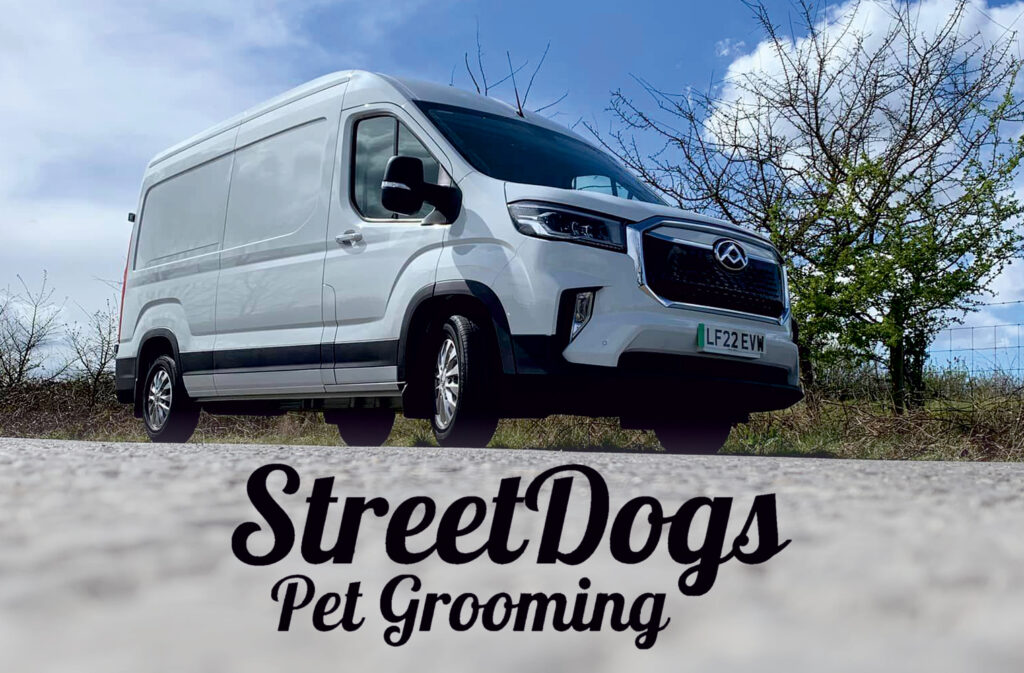 streetdogs-logo-1024×673 A image for street dogs pet grooming with the brand name in black font with a transit van above it