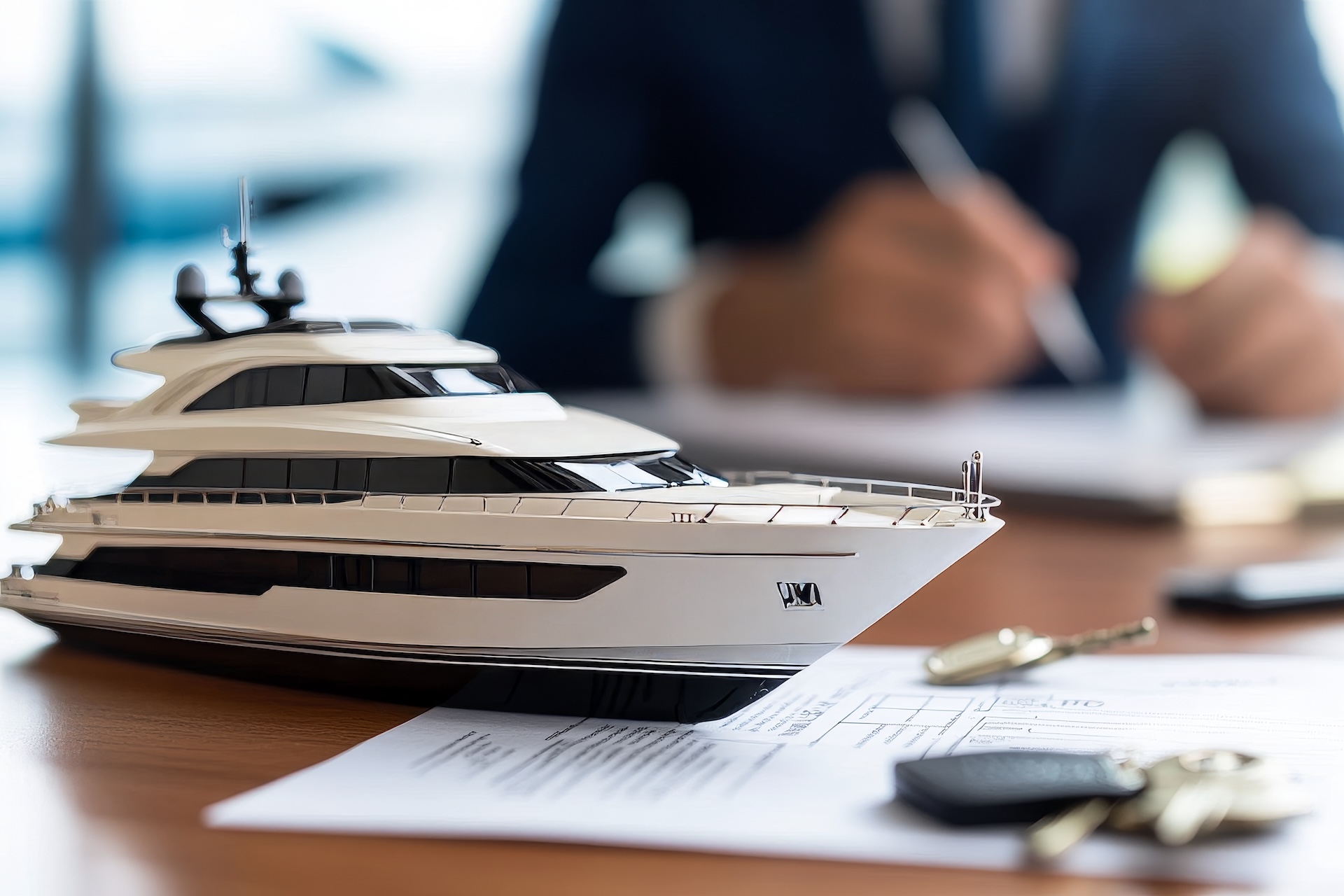 Close-up of a miniature yacht model on a table with a man in the background doing paperwork