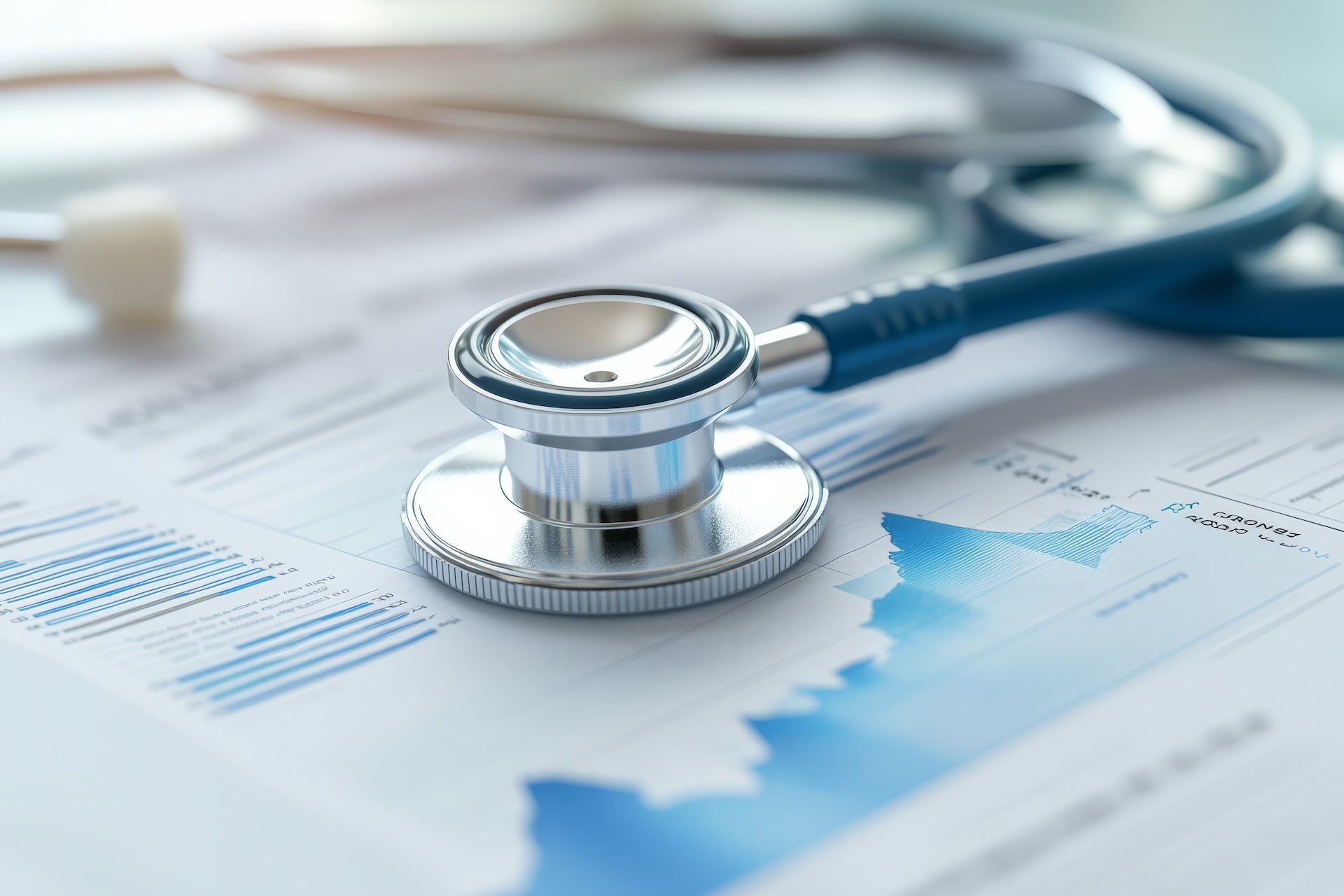 stethoscope rests on financial report with upward trending graph, symbolizing growth in healthcare. image conveys sense of progress and optimism in medical field A stethoscope resting on financial report with upward trending graph