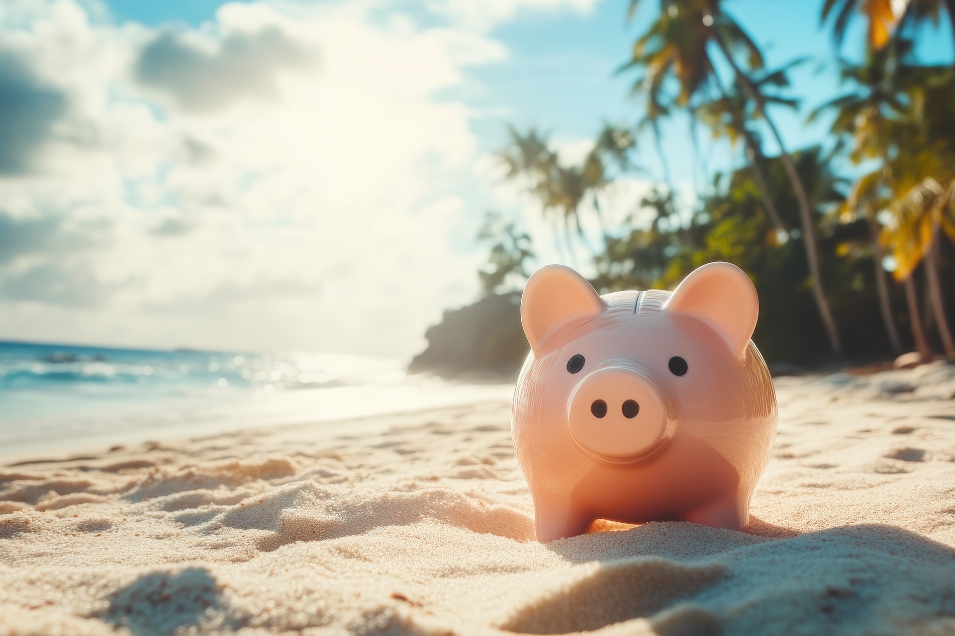 A pink piggy bank on the sand of a beautiful tropical beach with the sea in the distance