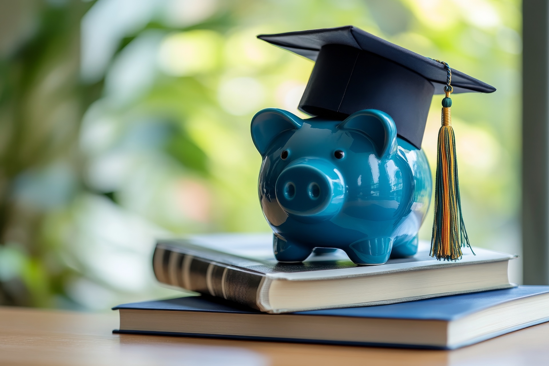 Blue piggy bank wearing a graduation cap on top of books symbolizes education and savings A blue piggy bank adorned with a graduation cap sitting atop stacked books