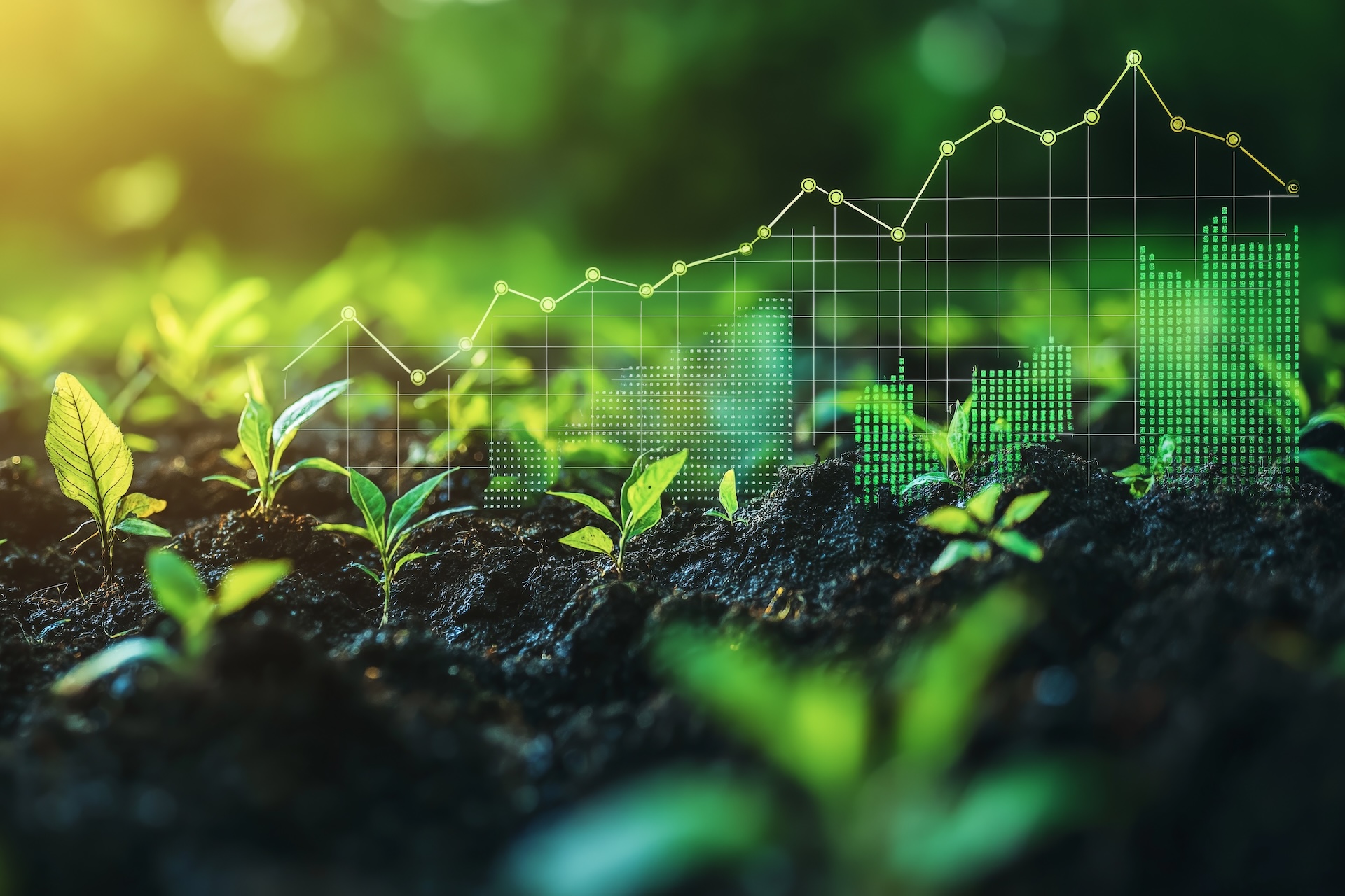 Financial growth in sustainability, with young seedlings emerging from soil, overlaid with green financial data graphs symbolizing the rise of ESG investments and ecological progress. A close up image of young seadlings growing in lush soil with a upward trending graph behind them