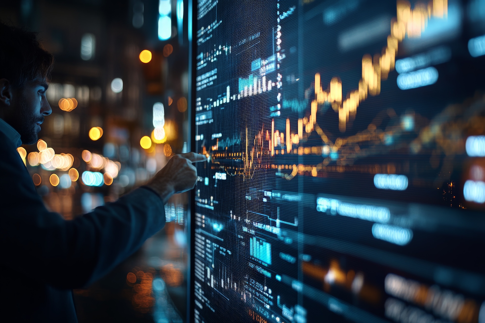 An individual engages with a large interactive display, examining complex financial graphs and tables, symbolizing innovation and digital transformation in data analysis. A busniness man in a dark room pointing at graphs of stock market trading