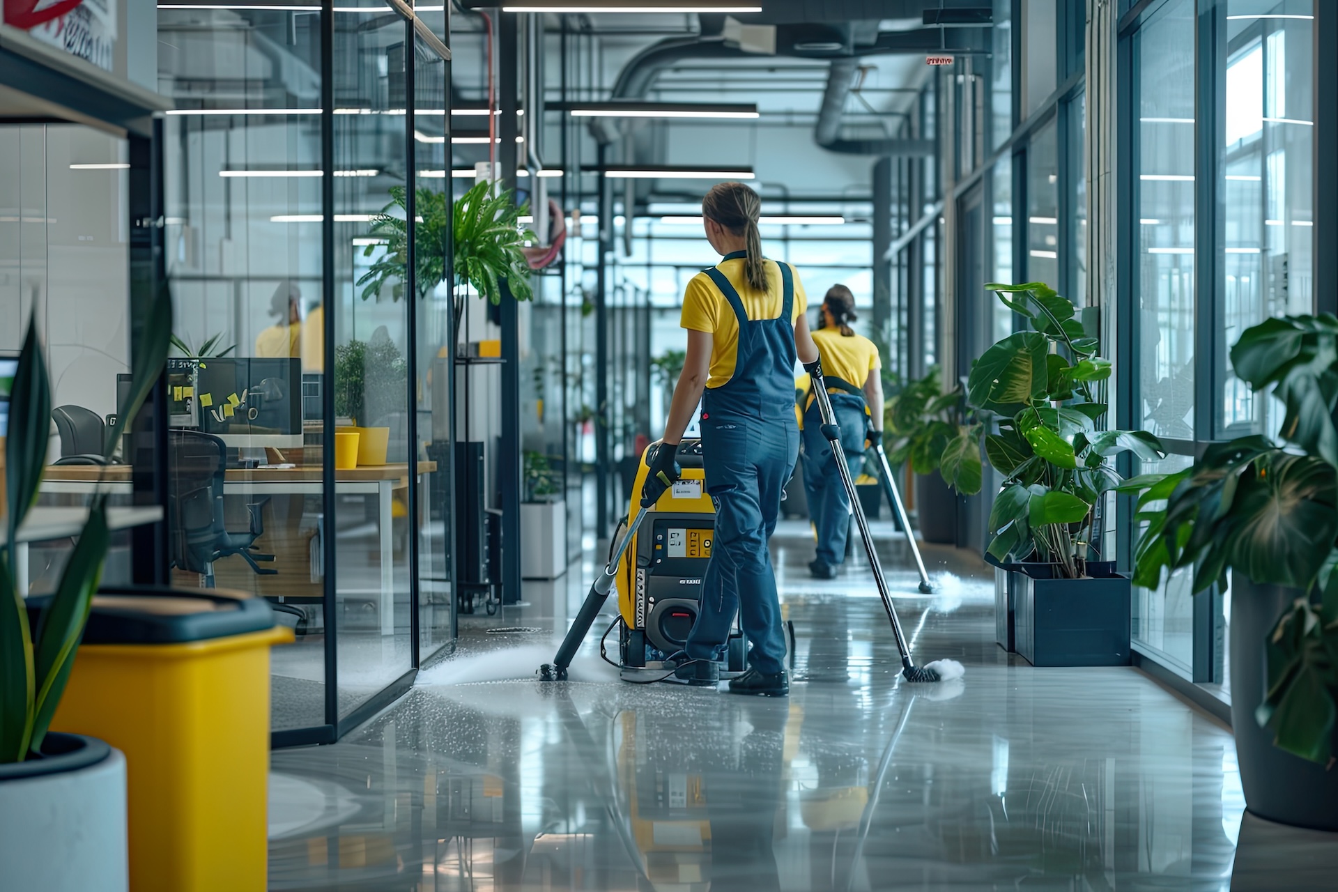 Professional cleaners in uniform using floor scrubbers in a modern glass office space.