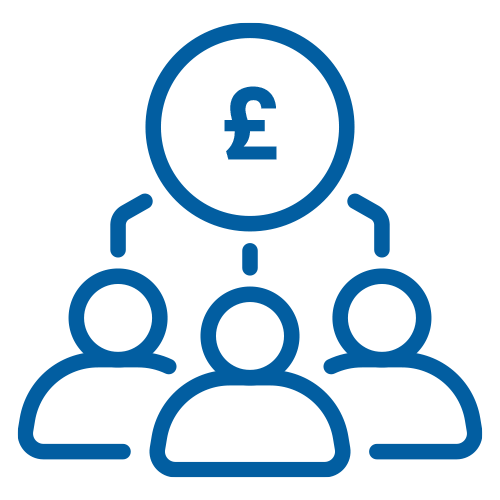 A digital graphic of three people looking towards a circle with a £ symbol inside