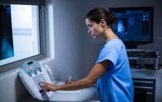Full version of a female technician using an X-ray machine and taking notes in a darkened diagnostic room.