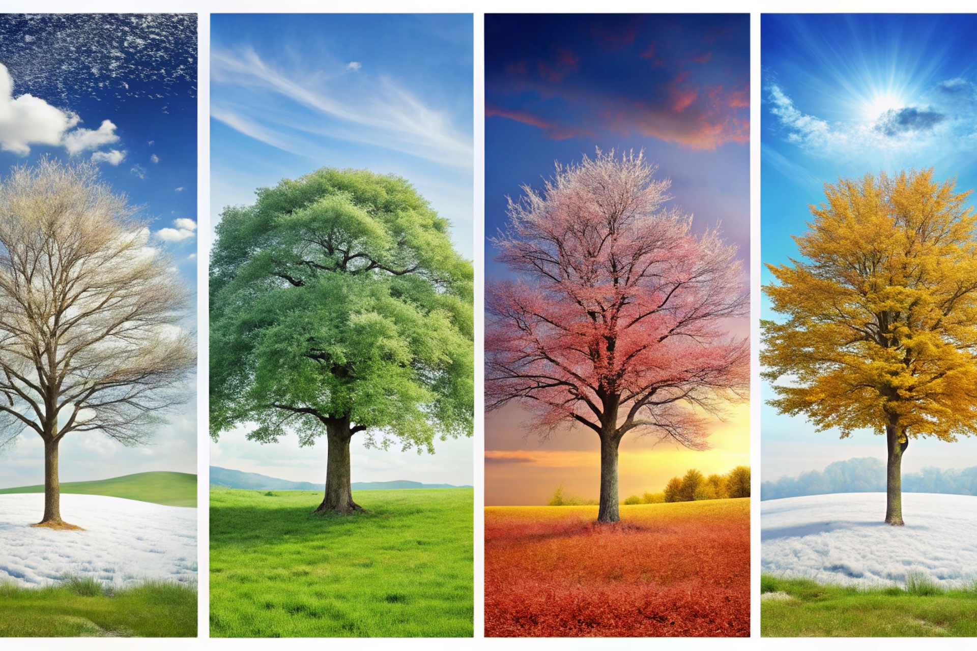 A image depecting four trees during various season, spring, summer, autumn and winter